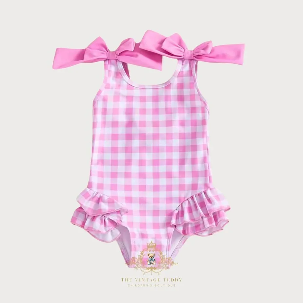 NWT Pretty Girls One-Piece Swimsuit Kids Swimwear Gingham Pink & White 6-12M